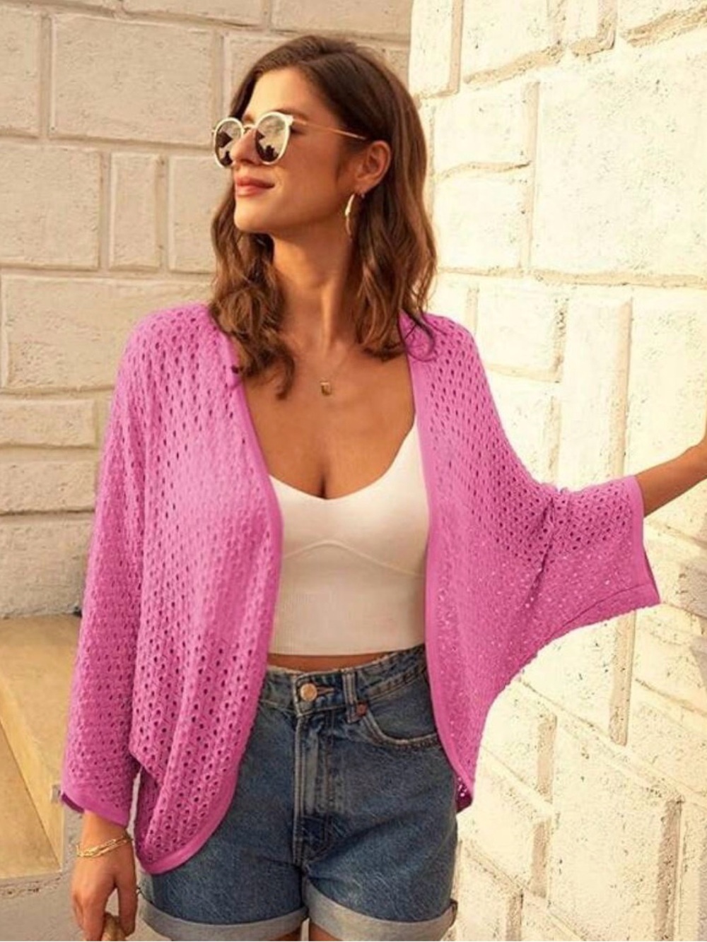 Grace Karin Open-Knit Kimono Cardigan in Hot Pink